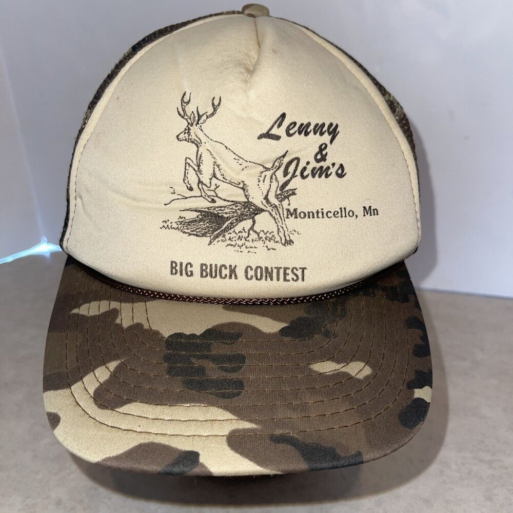 Vtg Deer hunting camo hat Men Snapback Lenny Jim’s Big Buck Contest Cap San Sun